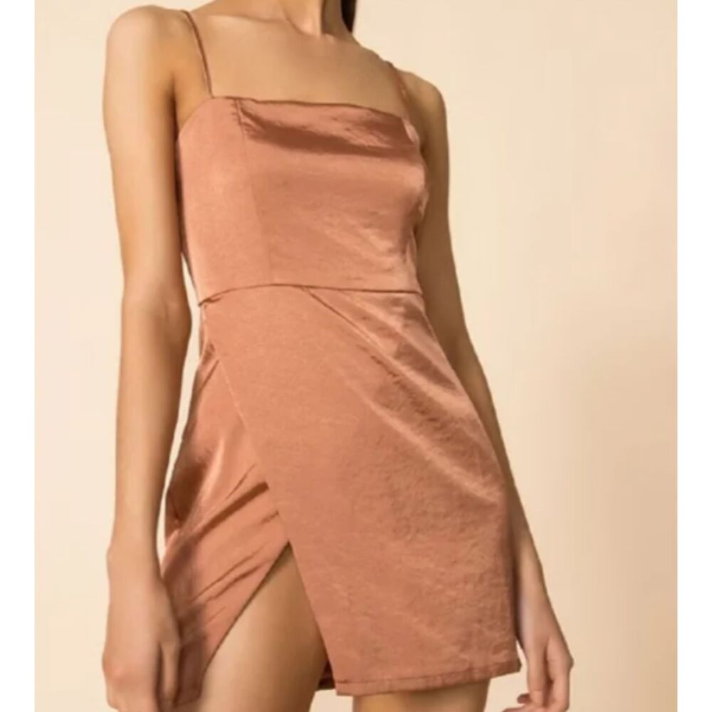 Superdown Metallic Bronze Satin Slip Mini Dress - Size Small